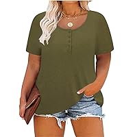 RITERA Womens Plus Size Top 2X Short Sleeve Summer Henley Shirt Oversized Loose Fit Button Casual Tunic Green 2XL 18W 20W