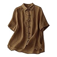 Women's Cotton Linen Chinese Frog Button Shirts Retro Mandarin Blouses Summer Short Sleeve Casual Solid Tee Tops