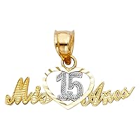 Mis 15 Anos Heart Pendant Solid 14k Yellow White Gold Quinceanera Love Birthday Charm 11 x 25 mm