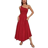 Womens Summer Dresses 2024 Summer Solid Color Slim Slant Neck Large Swing Temperament Dresses