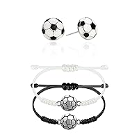 SmileBelle 2pcs Soccer Bracelet+1pair Soccer Earring Stud, Sterling Silver Sports Earring Cute Sport Jewelry for Women Girls Fan Mom Jewelry Gifts