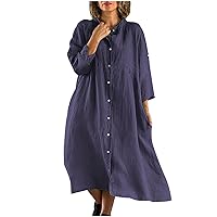 Women Rolled-Up Long Sleeve Button Up T-Shirt Dress Cotton Linen Fashion Casual Loose Babydoll Swing A-Line Dresses
