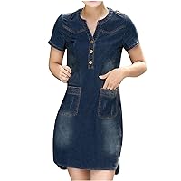 Women's Vintage Jean Shirt Dress Short Sleeve Button Up Denim Dress 2024 Summer Plus Size Loose Maxi Blouse Dresses, Short Sleeve Shift Dress with Pocket