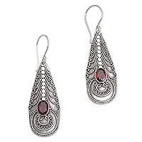NOVICA handmade .925 Sterling Silver Garnet Dangle Earrings on Balinese Crafted by Red Indonesia Bohemian Birthstone [2 in H x 0.6 in W x 0.2 in D] 'Temple Art'
