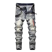 Retro Men's Patchwork Simple Jeans, Personalized Mid-Waist Casual Pants, Fashionable Zipper Motorcycle Hip-Hop Trousers