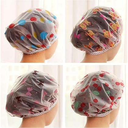 AKOAK 5 Pieces Reusable Waterproof EVA Plastic Lace Elastic Band Flower Printed Hat Environmental Protection Hair Bath Caps Shower Caps