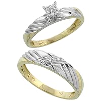 Genuine 10k Yellow Gold Diamond Trio Wedding Sets for Him and Her Grooved Top 3-piece 5mm & 3.5mm wide 0.11 cttw Brilliant Cut sizes 5-14