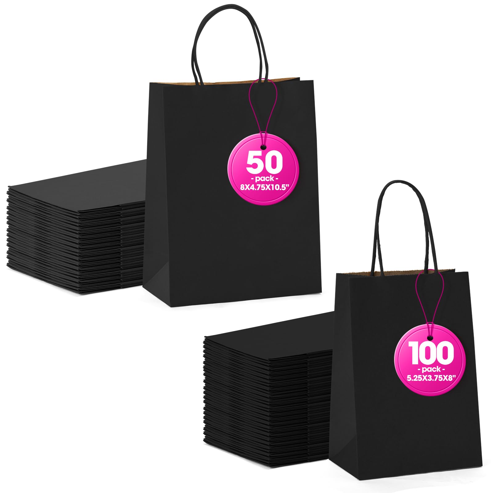 MESHA Black Gift Bags 5.25x3.75x8 Inches 100Pcs & 8x4.75x10.5 Inches 50Pcs Kraft Paper Bags with Handles Small Shopping Bags,Wedding Party Favor Bags