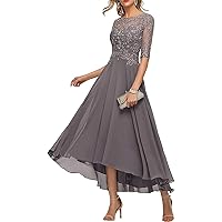 Women's Lace Applique Chiffon Mother of The Bride Dress for Wedding Half Sleeves Formal Evening Gowns Grey US16