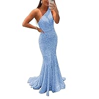 One Shoulder Sequin Prom Dresses Long Mermaid Sparkly Backless Evening Party Gowns Fitted for Wedding Guest
