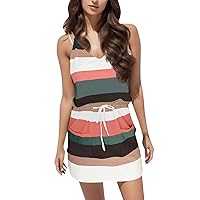 Women Summer Dresses Casual Beach Sundress Striped Flowy Boho Retro Drawstring Mini Short Dress with Pockets
