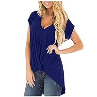 Women Front Twist High-Low Hem T-Shirts Summer Cap Sleeve V Neck Tunic Tops Casual Loose Fit Trendy Solid Tee Shirts