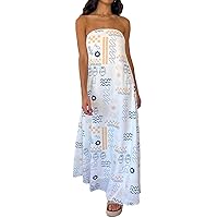 Women Summer Flowy Maxi Dress Strapless Colorful Fruit Print Long Tueb Top Dress 2024 Casual Loose Beach Vacation Sundresses