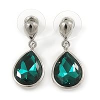 Silver Tone Teardrop Emerald Green Faceted Glass Stone Drop Earrings - 30mm L
