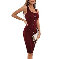 Women's Dress Button Front Bodycon Dress Women's Sleeveless Tank Knee Length Pencil Dress with Square Neck and Pocket BAKVRI