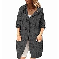 Women's Hooded Cardigan Sweaters Thicken Chunky Cable Twist Knit Sweater Front Button Down Long Sleeve Soft Coat Winter Warm Outwear with Pockets(Gray M)