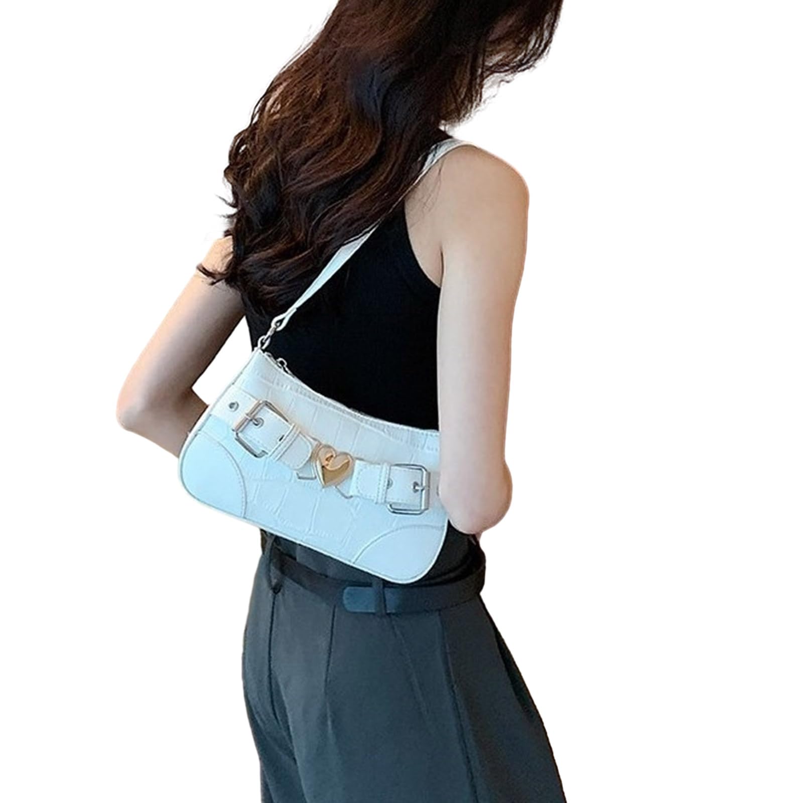 [Peiiwdc] Shoulder Bag, Y2K Cool Style Gothic Tote Purse Trendy Punk Bag Rock Fashion Girls Handbag for Women, Silver