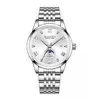 GUANQIN Men's Business Watch, Analog Automatic Mechanical Watch, Men's Stainless Steel, Leather, Sapphire Crystal, Male Watch, Calendar, Moon Phase Luminous, Multifunctional Diamond Dial Waterproof, silver white, Bracelet Type