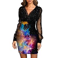 Fashion Ladies Loose V-Neck Foil Stamping Long Sleeves Gradient Print Cover Hip Dress