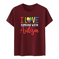 Women Autism Awareness Tops I Love Someone with Autism Letter T-Shirts Short Sleeve Crewneck Puzzle Heart Blouses