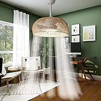 HYKISS LED Ceiling Fan with Light, Bamboo Rattan Wicker Caged Dimmable Ceiling Fan with Lamp,Woven Wooden Fan Hanging Lighting for Living Room Kitchen Bedroom,with Remote Control,Timer,50CM