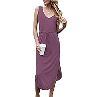 Hount Womens V Neck Sleeveless Casual T Shirt Dress Summer Midi Dress with Pockets