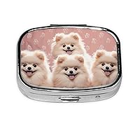 Pomeranians Puppies Print Pill Box Square Metal Pill Case with 2 Compartment Portable Travel Pillbox Cute Mini Medicine Organizer for Pocket Purse