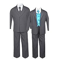 7pc Formal Boys Dark Gray Suits Extra Turquoise Blue Vest Necktie S-20 (8)