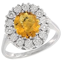 Sterling Silver Natural Whisky Quartz Ring Oval 9x7, Diamond Accent, sizes 5 - 10