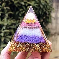 Large Healing Crystal Gemstone Pyramid, Crystal Orgone Pyramid 7 Chakra Orgonite Pyramid for Chakra Balance, Meditation, Yoga, Reiki, Desktop Ornaments-Lotus Flower