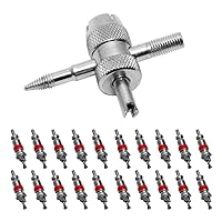 ASOOLL 4-Way Valve Tool Valve Stem Core Remover Repair Tool with 20 Pcs Brass Valve Cores Fit for ATV Cars Motorcycles Bicycles Truck Air Conditioning Units