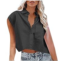 Cotton Linen Tank Tops for Women, Womens Casual Sleeveless Button Down Blouses 2024 Fashion Lapel V Neck Solid Color Work Tee