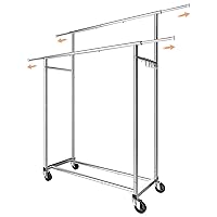 Double Rod Clothing Garment Rack, Rolling Clothes Organizer on Wheels for Hanging Clothes,with 4 hooks, Chrome