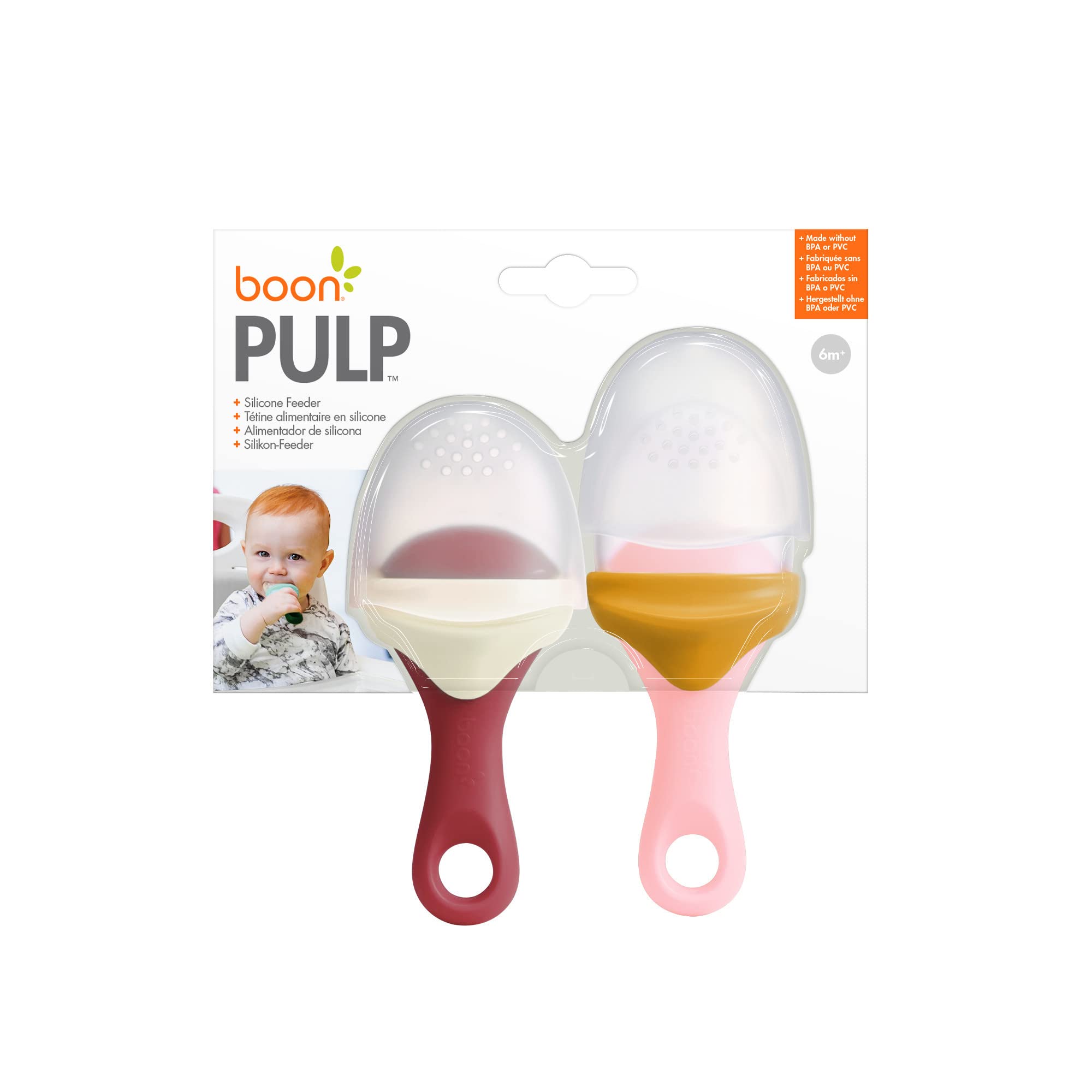 Boon PULP Silicone Baby Feeder — 2 Count — Orange/Pink and White/Mauve — Soft Silicone Vegetable and Fruit Feeders — Teething Baby Essentials