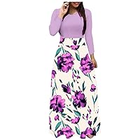Women's Bohemian Swing Round Neck Trendy Dress Foral Print Hawai Casual Summer Flowy Sleeveless Long Beach Purple