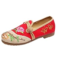 Spring Summer Women Vintage Hemp Toe Button Flats Floral Embroidered Ladies Ethnic Espadrilles Casual Shoes Red 4.5