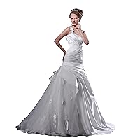 Ivory One Shoulder Long Train Wedding Dress With Floral Embellishments
