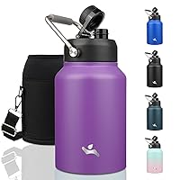 Half Gallon Jug with Handle,64oz Insulated Water Bottle with Carrying Pouch,Double Wall Vacuum Stainless Steel Metal Bottle,Purple
