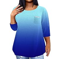 Casual Summer Tops for Women Plus Size Tops for Women 2024 Color Block Fashion Casual Loose Fit Y2k with 3/4 Sleeve Round Neck Shirts Royal Blue 4X-Large