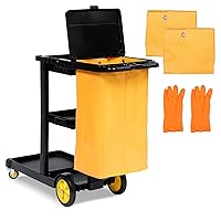 Cleaning Cart, 3 Shelf Commercial Janitorial Cart with Two 25-Gallon PVC Bags and Cover, 500LBS Capacity Plastic Housekeeping Cart on Wheels, Cleaning Cart for Stores,43.3
