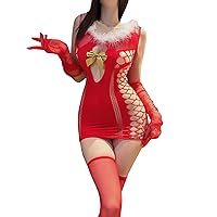 Women's Autumn and Winter Christmas Uniformsexy Underwear Red Plush Wrapped Hip Mesh Dress Lingerie Womens Plus Size