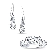 Real Diamond Love Knot Earring and Ring Ensemble Set in 925 Sterling Silver.