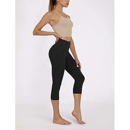 ODODOS Power Flex Yoga Capris Pants Tummy Control Workout Running 4 Way Stretch Yoga Capris Leggingss with Hidden Pocket,Black,Small