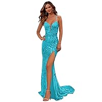 Sparkly Sequin Prom Dresses V Neck Long Mermaid Spaghetti Straps Formal Evening Party Gowns with Slit