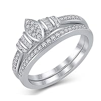 Sterling Silver 0.33 cttw Round and Baguette Diamond Marquise Shape Vintage Bridal Engagement Ring Set for Women (Color I-J, Clarity I3)