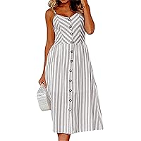 FLITAY Ladies Knee Length Midi Dress Beach Resort Fashion Dress Sleeveless Spaghetti Strap Loose Sundress