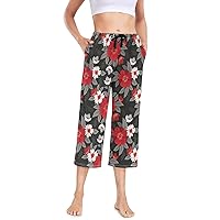 Women's Capri Pajama Pants Beautiful Red White Flowers Sleepwear Sleep Lounge Bottoms with Pockets S-XXL