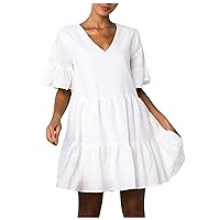 Women's V-Neck Glamorous Dress Swing Casual Loose-Fitting Summer Solid Color Flowy Beach Short Sleeve Knee Length