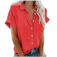 Womens Button Down Shirts Short Sleeve Button Up Shirts Casual V Neck Summer Blouse Top with Pockets