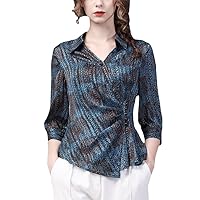 Womens Silky Chiffon Printed Stripe Shirt Loose Three Quarter Sleeve Turn-Down Collar Spring Summer Tops Blouses